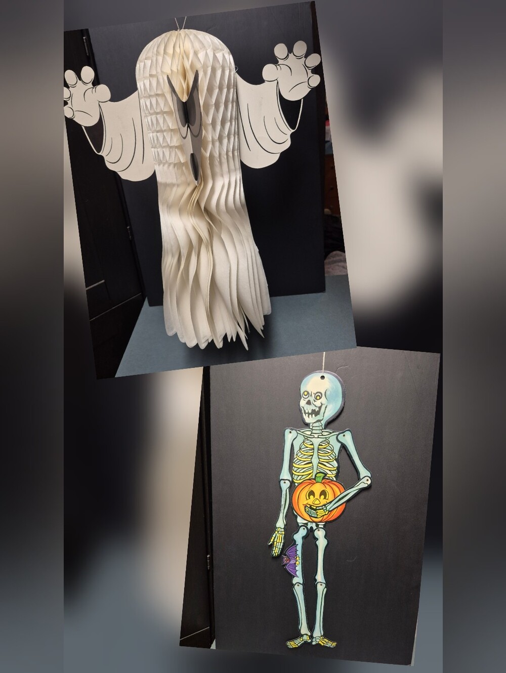 Honeycomb Tissue Paper Ghost & Jointed Die-cut Skeleton - Halloween - Vintage